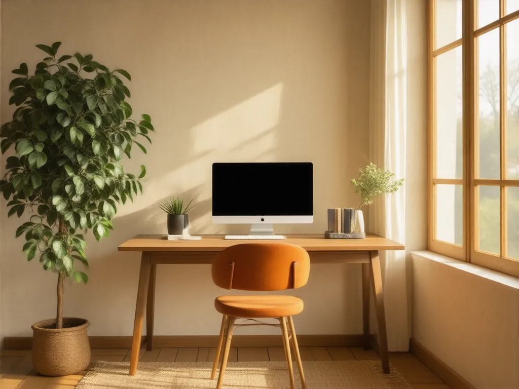 Warm home office with a walnut standing desk, terracotta chair and window light